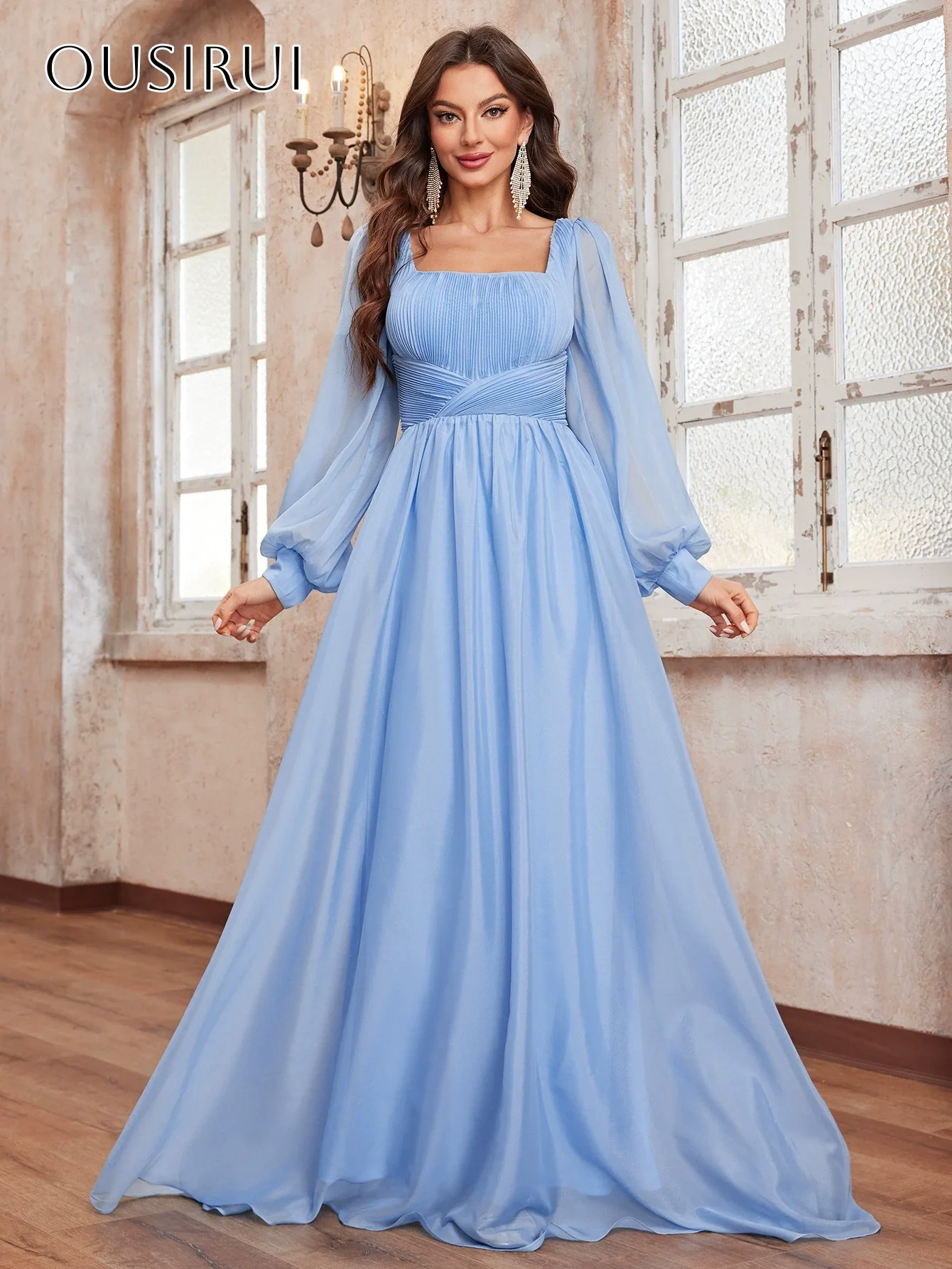 A-line Square Chiffon Long Sleeves Prom Dresses Floor Length Customized شارون سعيد فساتين سهره