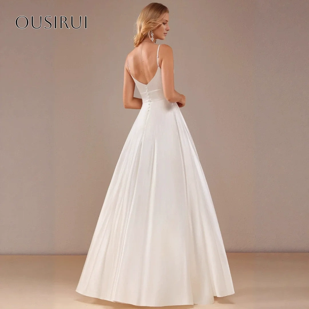 Spaghetti Straps Wedding Dresses Pockets A-line Satin Ankle Length Buttons Bridal Dress Vestido De Novia Customized