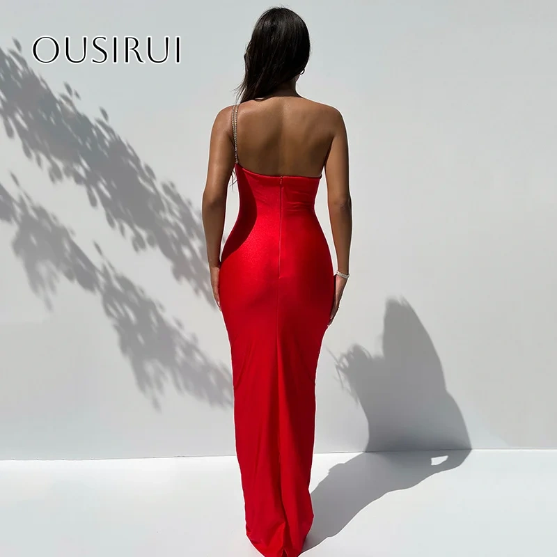 Beaded One Shoulder Satin Sheath Prom Dresses Sleeveless Ruffled Floor Length Customized платье на выпускной