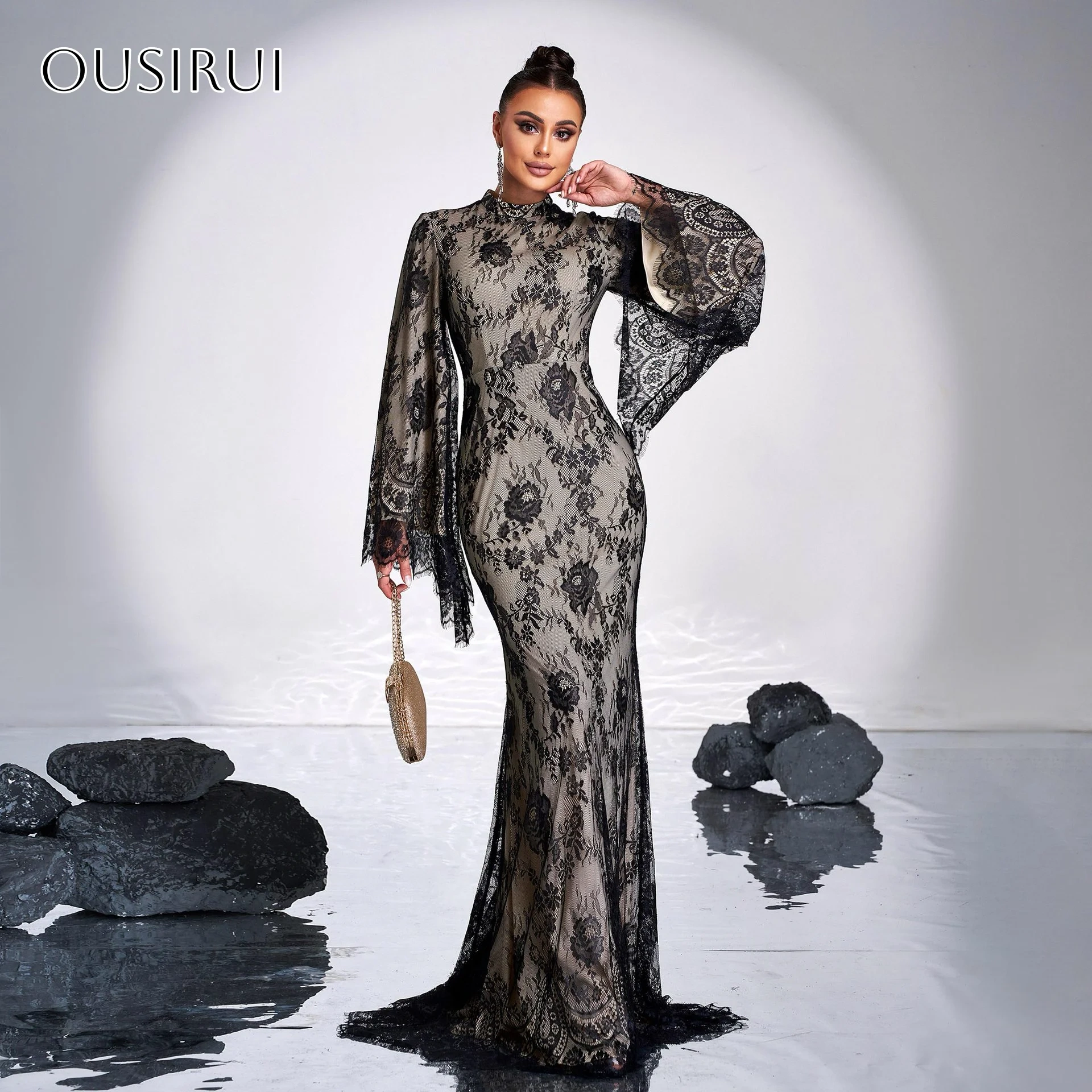 Sheath Lace O-neck Evening Dresses Puffy Long Sleeves Pleated Sweep Train Party Gowns  فساتين السهرة