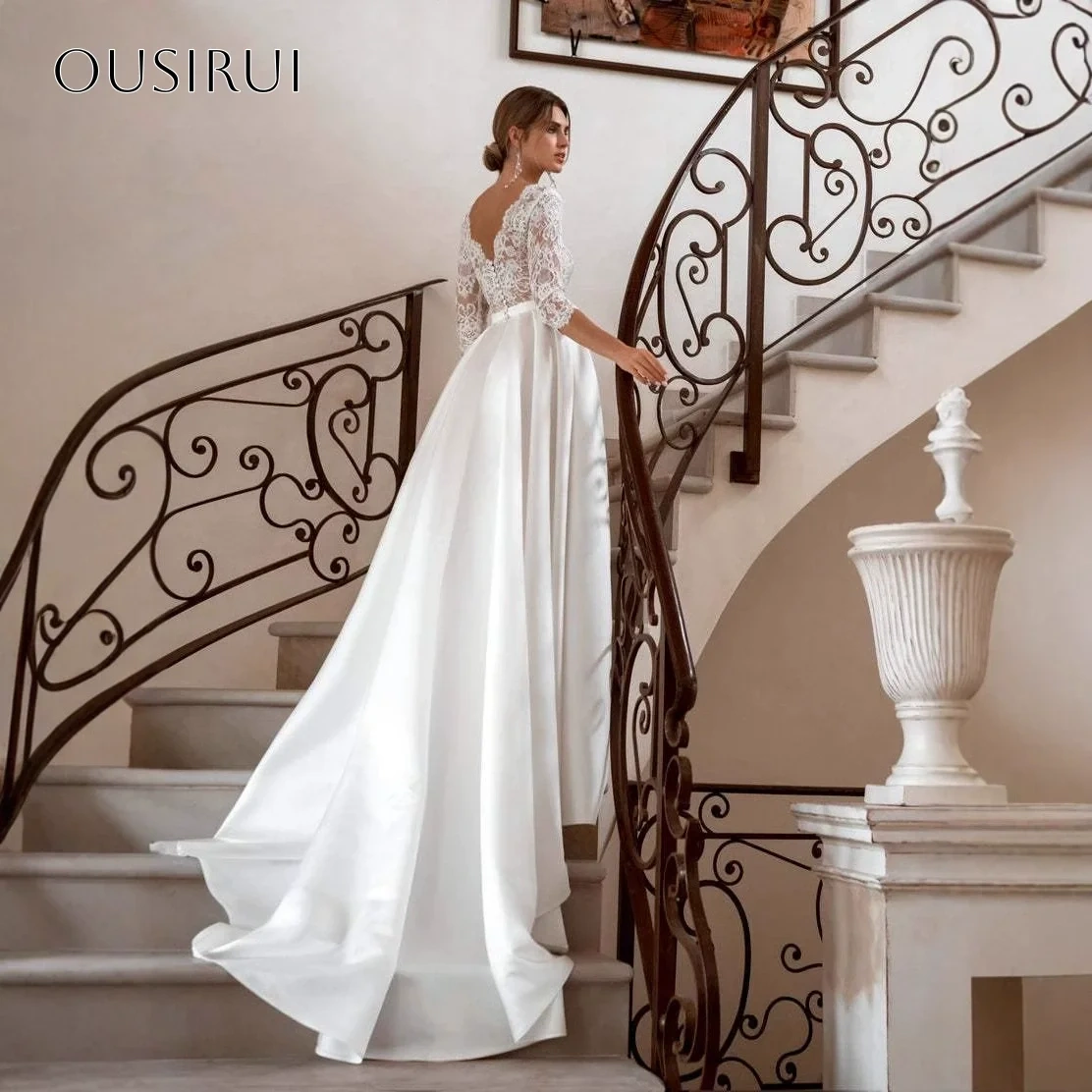 V-neck Bridal Wedding Dresses A Line Lace Half Sleeves Satin Sweep Train Pleated Customized Vestidos De Novia