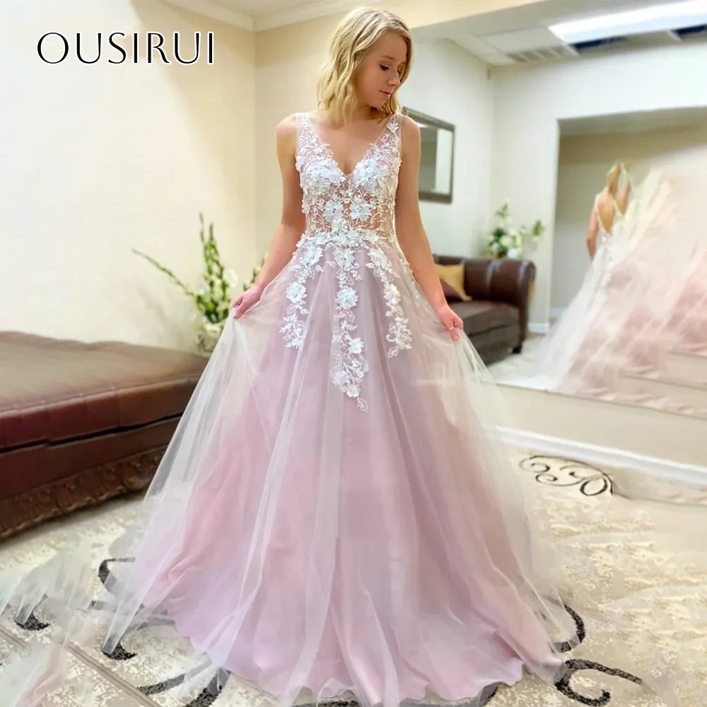 V-neck Appliques A-line Evening Dresses Sleeveless Tulle Pleated Floor Length Customized Party Gowns  فساتين السهرة