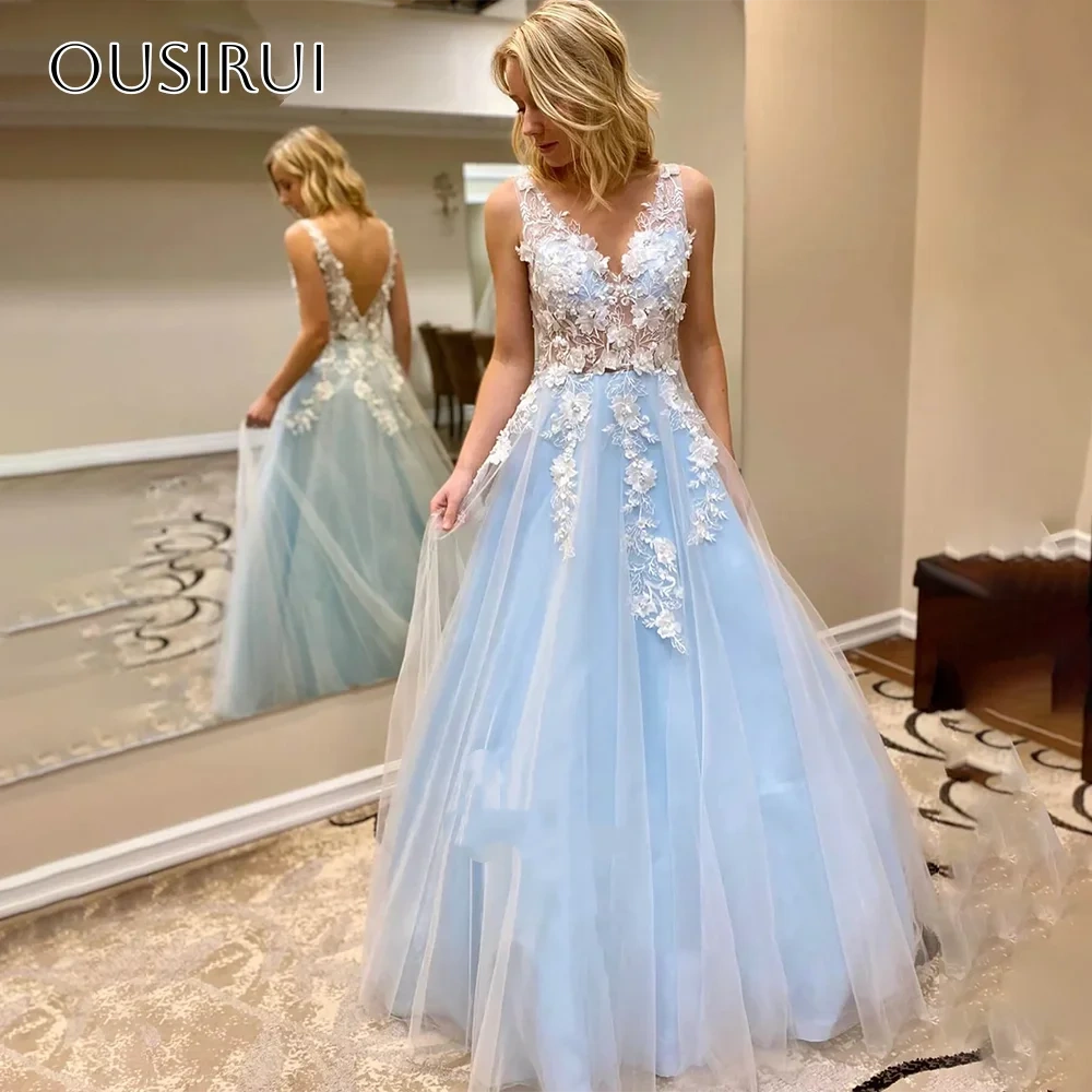 V-neck Appliques A-line Evening Dresses Sleeveless Tulle Pleated Floor Length Customized Party Gowns  فساتين السهرة
