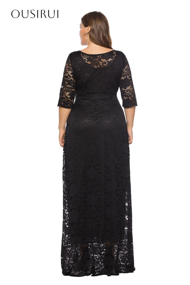 Lace O-neck Evening Dresses Half Sleeves Pleated Floor Length Pockets Party Gowns  فساتين السهرة