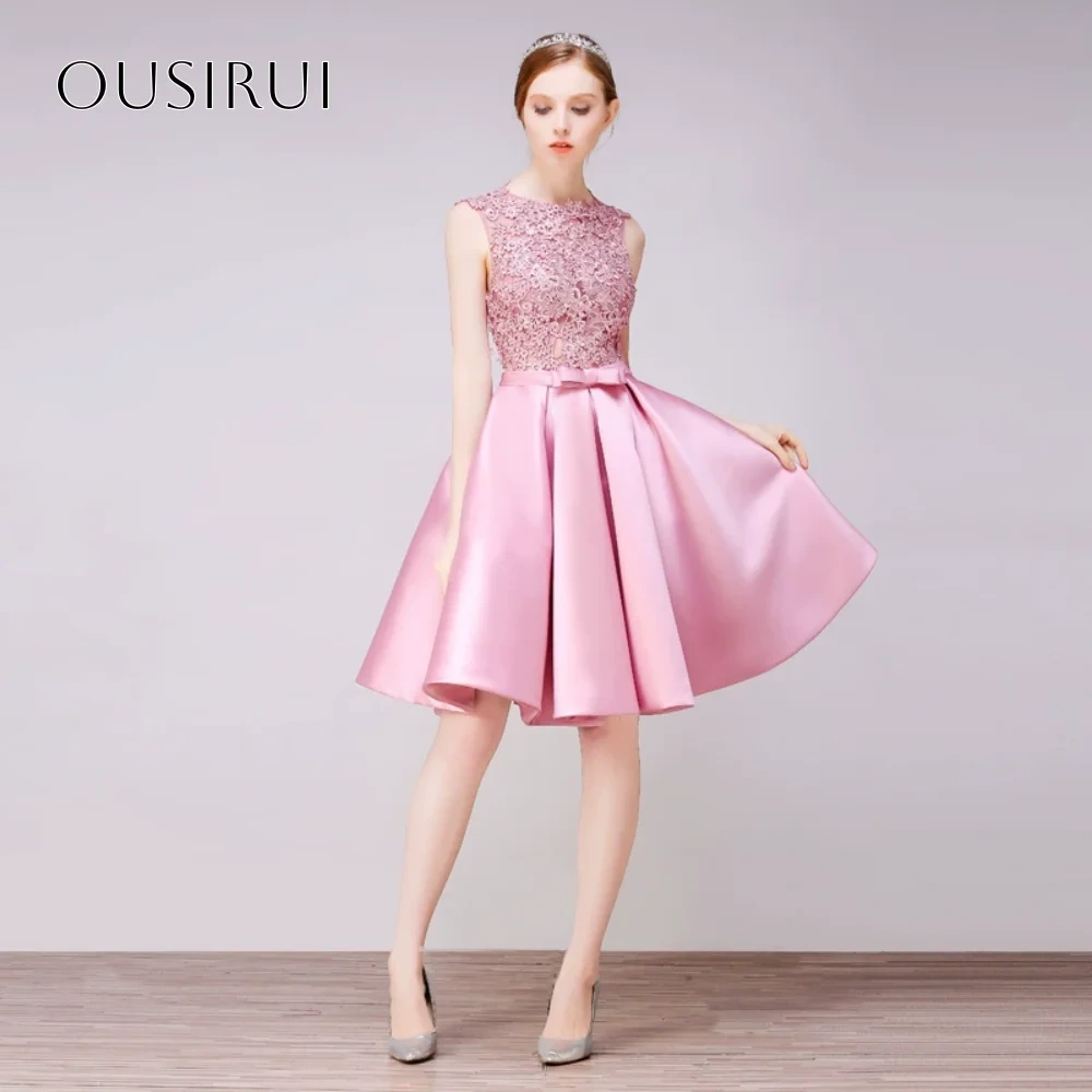 Lace Satin A-line Short Cocktail Dress Bow Knee Length Sleeveless Party Gown Customized vestidos de fiesta elegantes