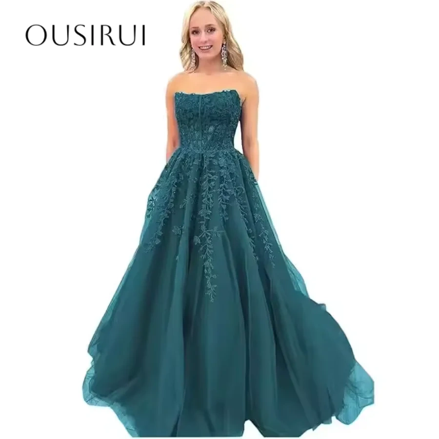Strapless Appliques A-line Evening Dresses Sleeveless Sweep Train Customized Party Gowns  فساتين السهرة