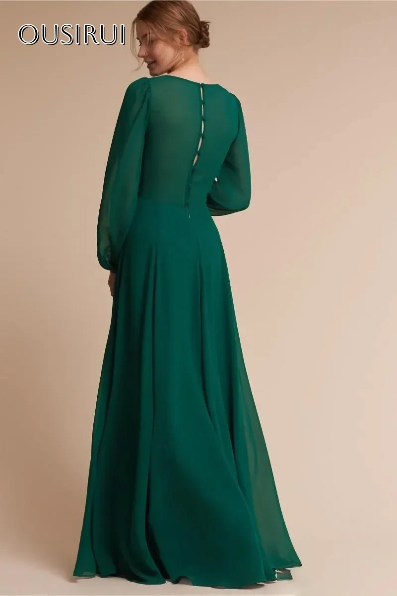 Elegant Long Sleeve Chiffon Ruched Prom Dresses A Line V Neck Customized Simple Formal Evening Gown شارون سعيد فساتين سهره