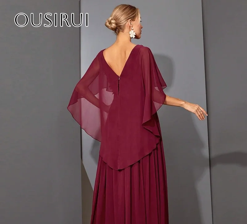V-neck Chiffon Flowers Evening Dress Slit Pleated A-line Floor Length Wrap Short Sleeves Party Gowns  فساتين السهرة