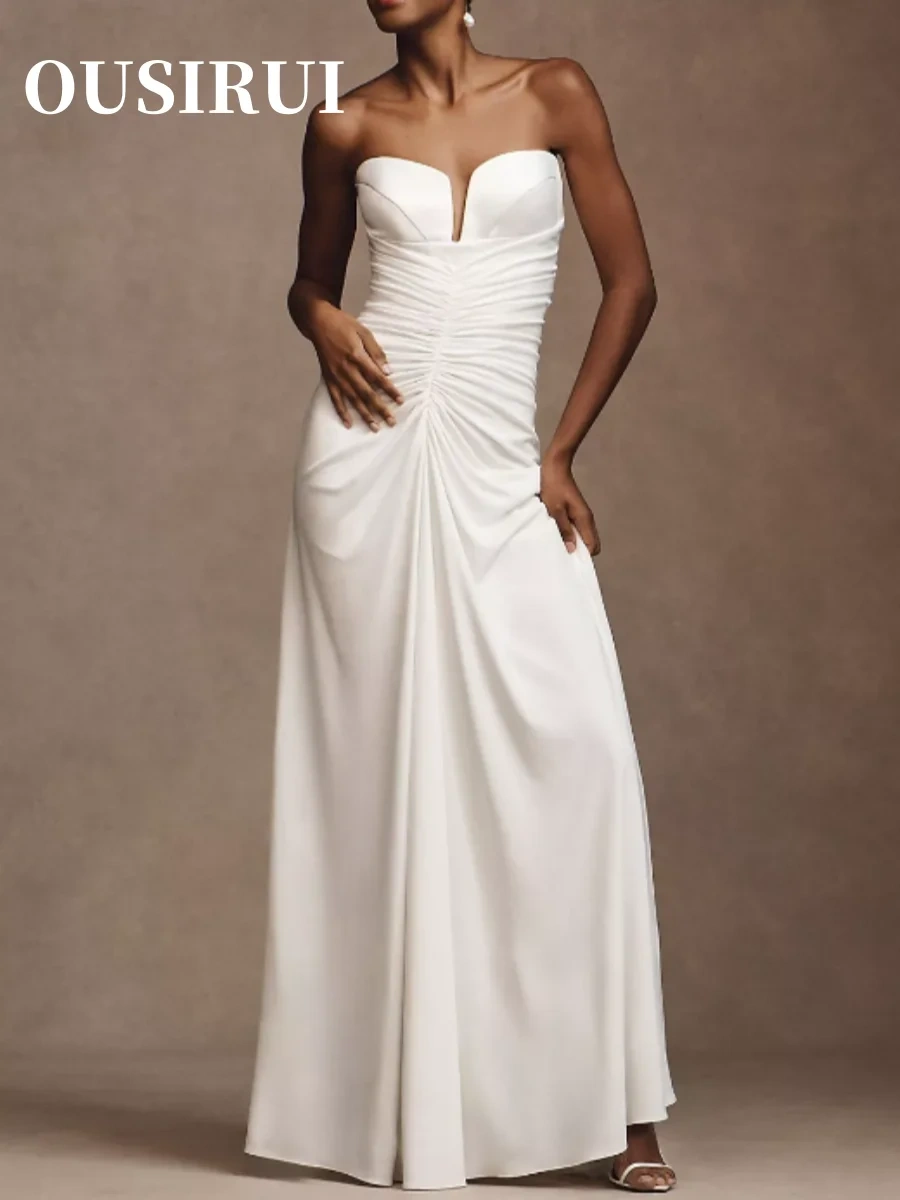 OUSIRUI White Tight Wrap Chest V-neck Wedding Dress Satin Pleats Maid Of Honor Romantic Backless Sexy Mature Zipper Simple
