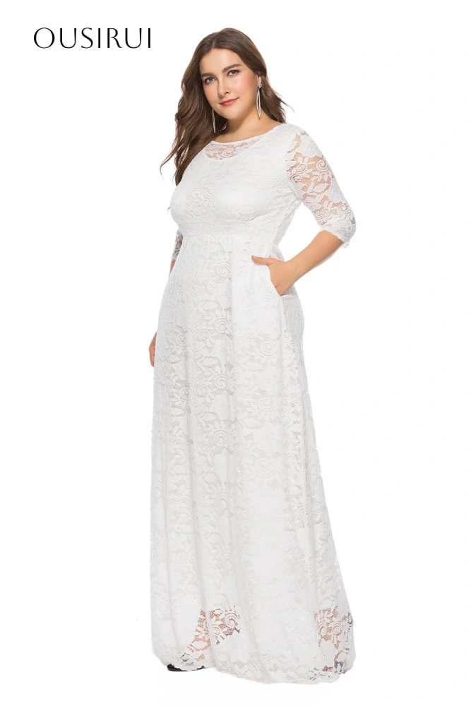 Lace O-neck Evening Dresses Half Sleeves Pleated Floor Length Pockets Party Gowns  فساتين السهرة