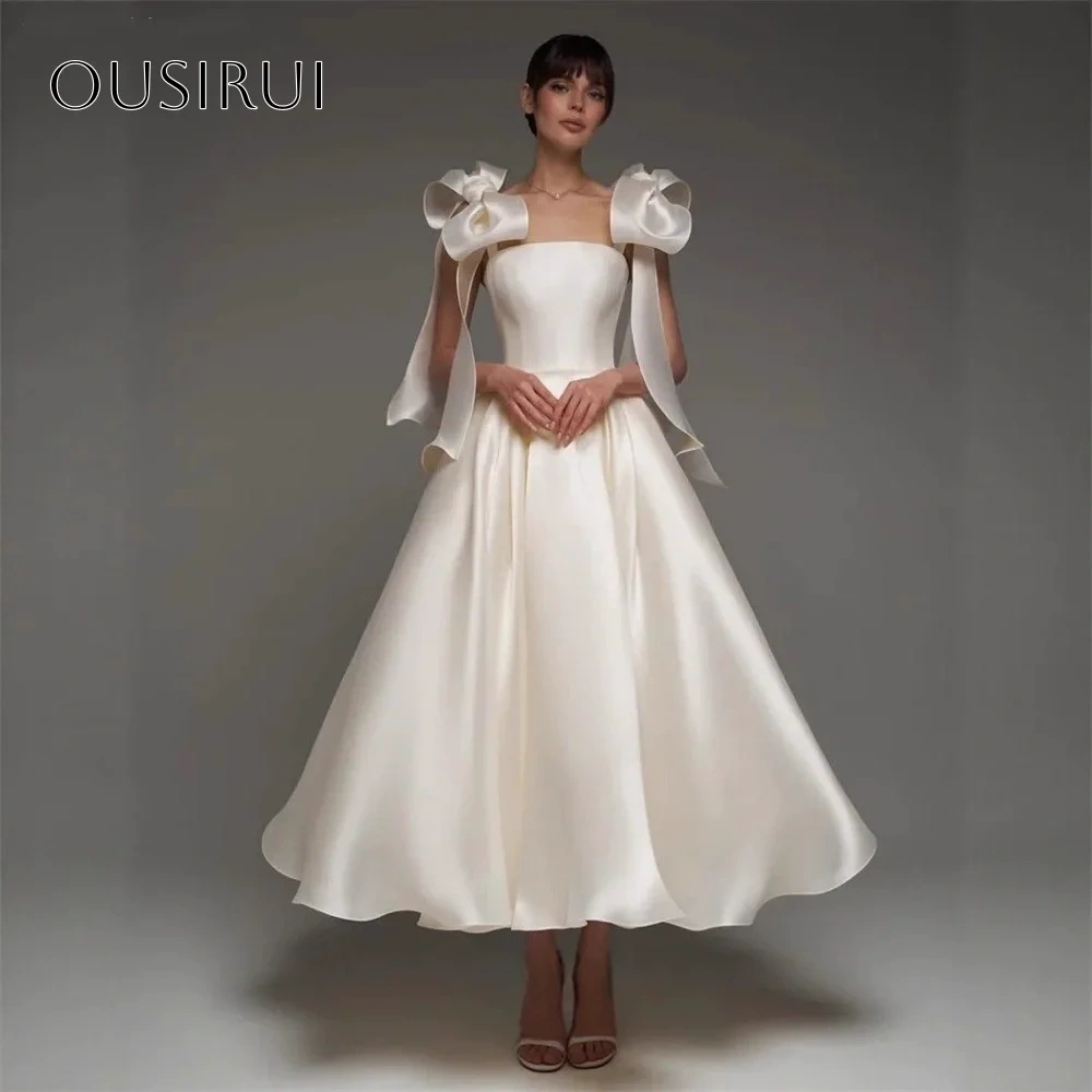 Bow Straps Wedding Dresses A-line Tea Length Corset Back Pleated Bridal Dress Vestido De Novia Customized