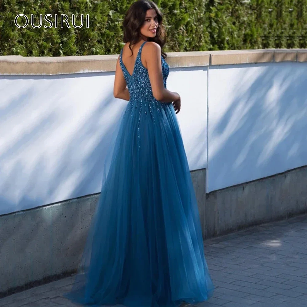 Lace Beaded V-neck Evening Dresses Split Tulle A-line Sleeveless for Women Floor Length Customized vestidos de fiesta