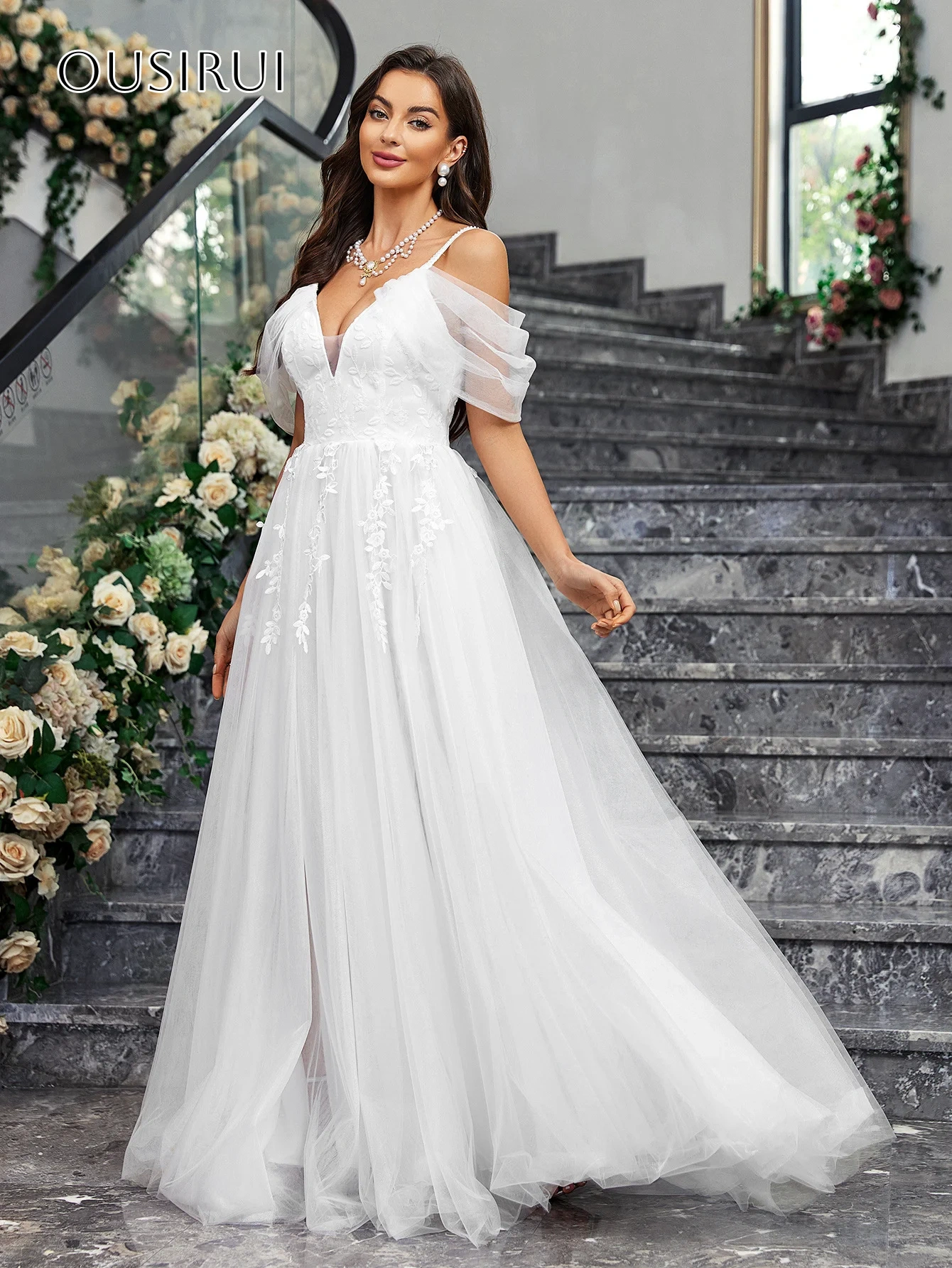 Spaghetti Straps A-line Evening Dresses Appliques Pleated Floor Length Tulle Customized Party Gowns  فساتين السهرة