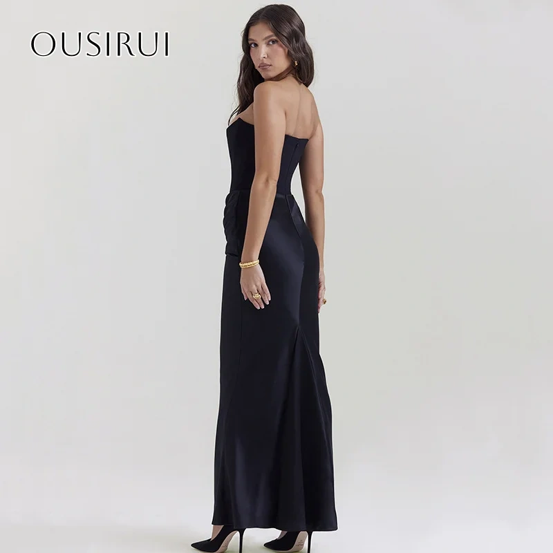 Strapless Satin Sheath Prom Dresses Sleeveless Ruffled Ankle Length Customized платье на выпускной