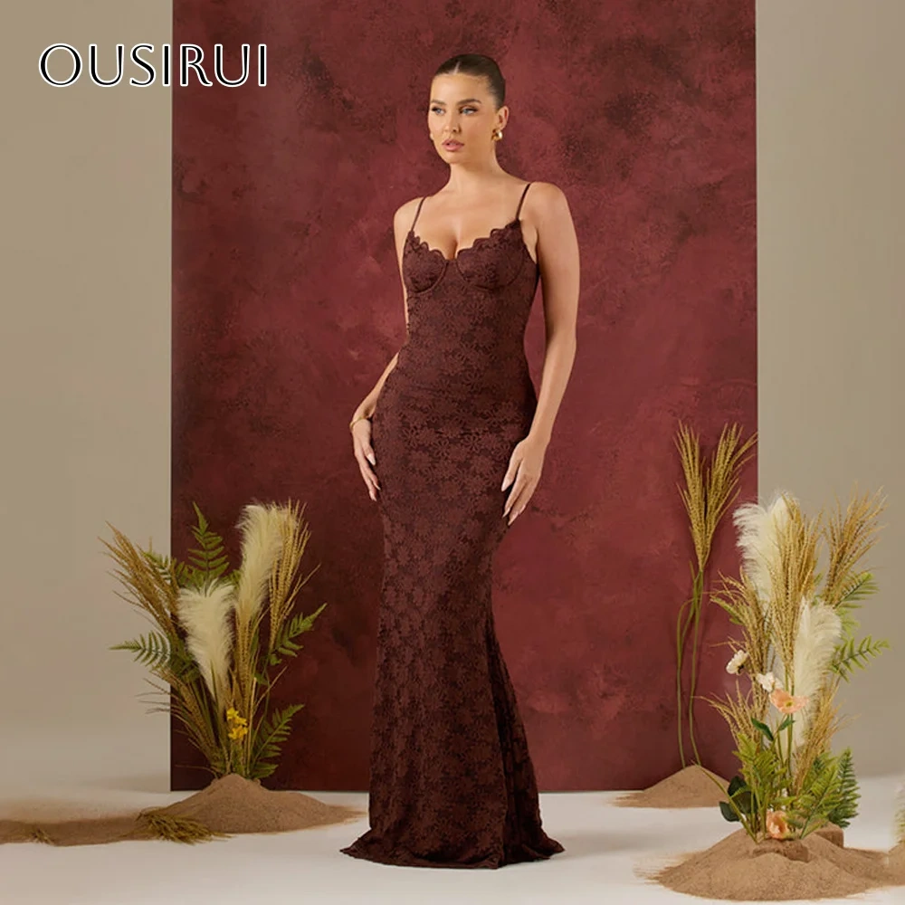 Spaghetti Straps Sheath Lace Evening Dresses Pleated Sleeveless Floor Length Customized платье на выпускной
