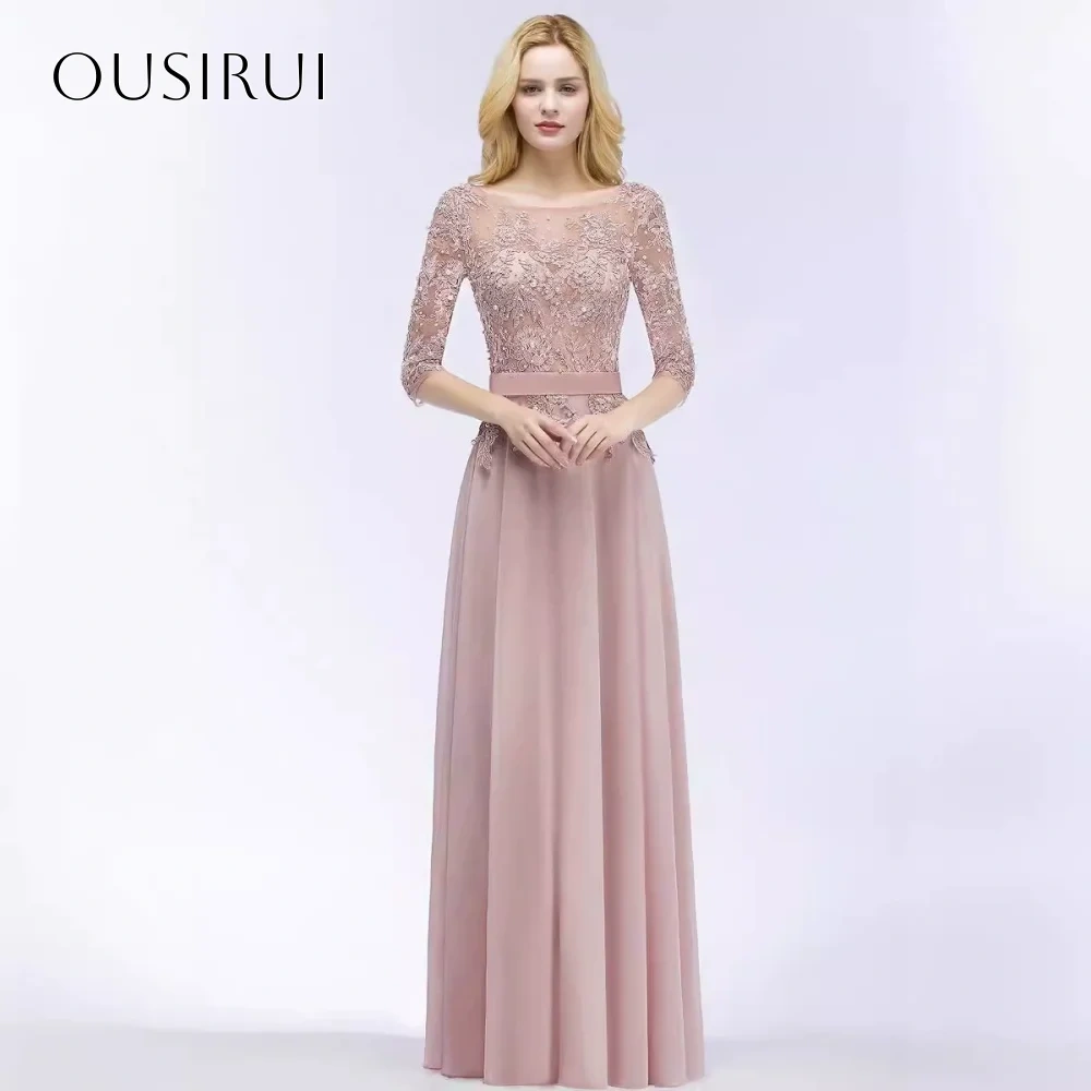 Lace O-neck A Line Chiffon Evening Gowns Floor Length Half Sleeves Prom Dresses Customized vestidos de fiesta
