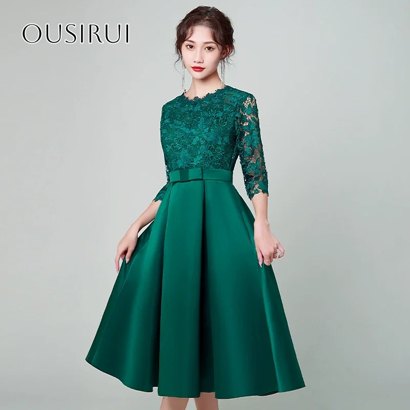 A-line Lace Cocktail Dresses Half Sleeve Bow Satin Tea Length Pleated Customized vestido corto elegante