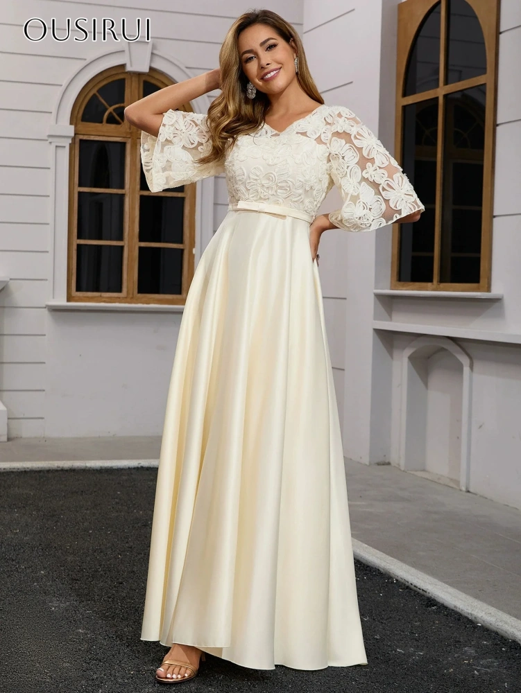 V-neck Satin A-line Evening Dresses Puffy Lace Half Sleeves Pleated Ankle Length Party Gowns  فساتين السهرة