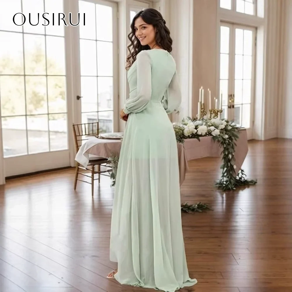 V-neck A-line High-low Prom Dresses Chiffon Long Sleeves Floor Length Pleated Party Gown Customized robe de mariée