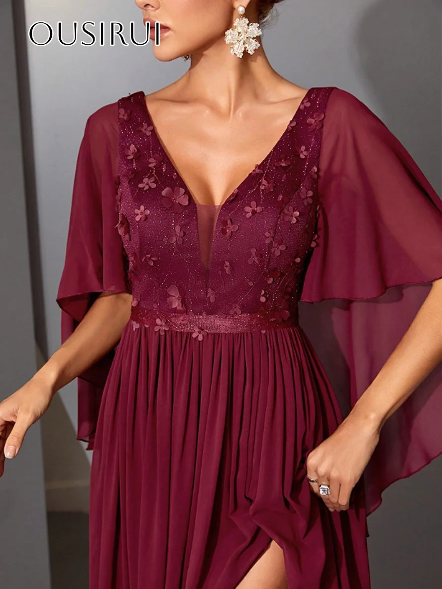 V-neck Chiffon Flowers Evening Dress Slit Pleated A-line Floor Length Wrap Short Sleeves Party Gowns  فساتين السهرة
