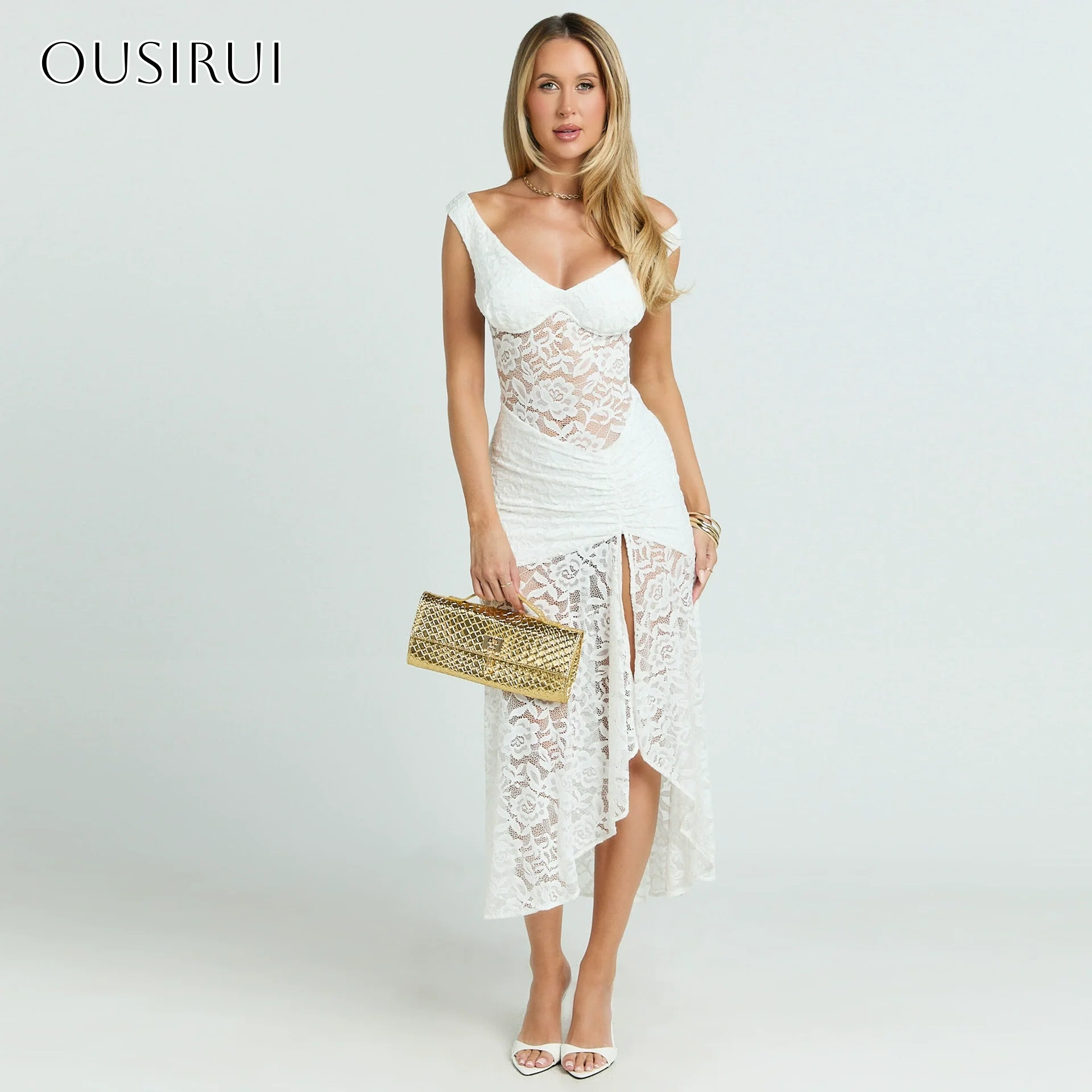 Lace V-neck Sheath Prom Dresses Split Tea Length Sleeveless Customized платье на выпускной