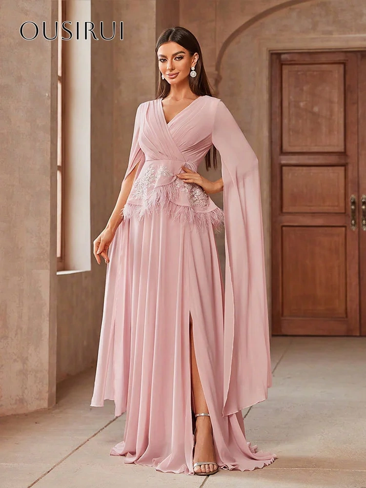 V-neck A-line Appliques Feather Evening Gowns Chiffon Long Sleeves Customized вечерние платья Robes De Soirée
