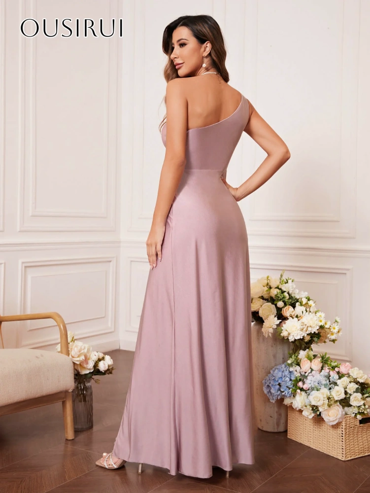 One Shoulder Satin A-line Prom Dresses Sleeveless Split Ankle Length Customized платье на выпускной