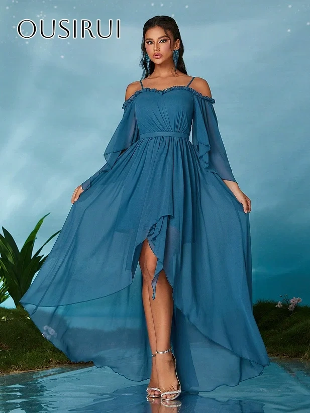 Spaghetti Straps Chiffon A-line Prom Dresses Short Sleeves High-low Pleated Customized платье на выпускной