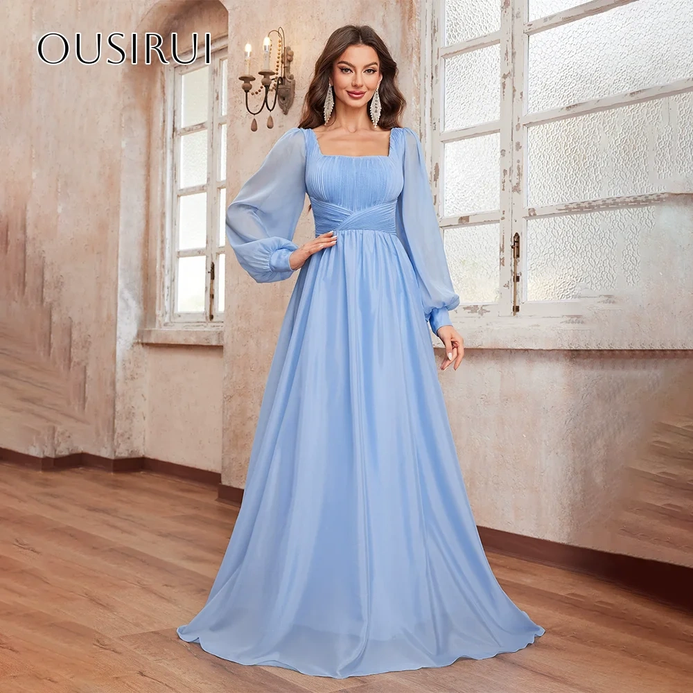 A-line Square Chiffon Long Sleeves Prom Dresses Floor Length Customized شارون سعيد فساتين سهره