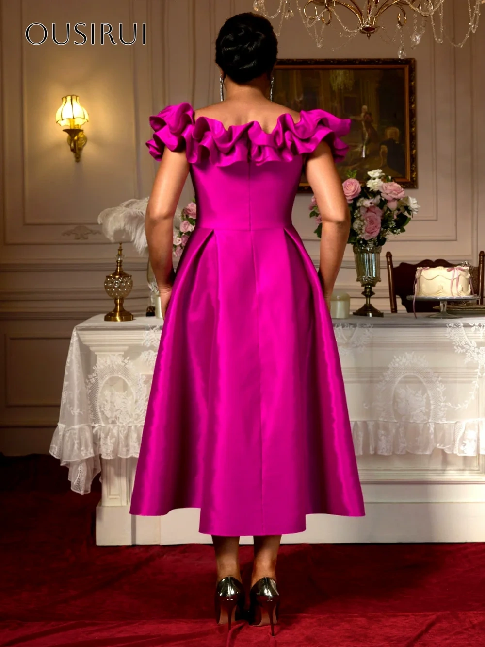 Ruffled Off Shoulder Satin Homecoming Dress Tea Length A-line Sleeveless Customized سيرين هيل فساتين سهره