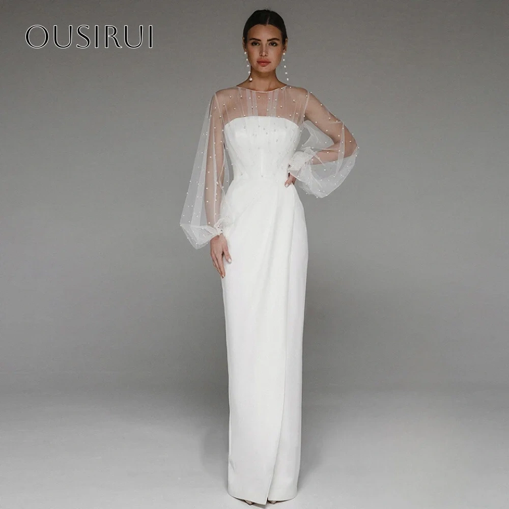 Pearls Wrap Evening Dresses Sheath Long Sleeves Satin Floor Length Corset Customized شارون سعيد فساتين سهره