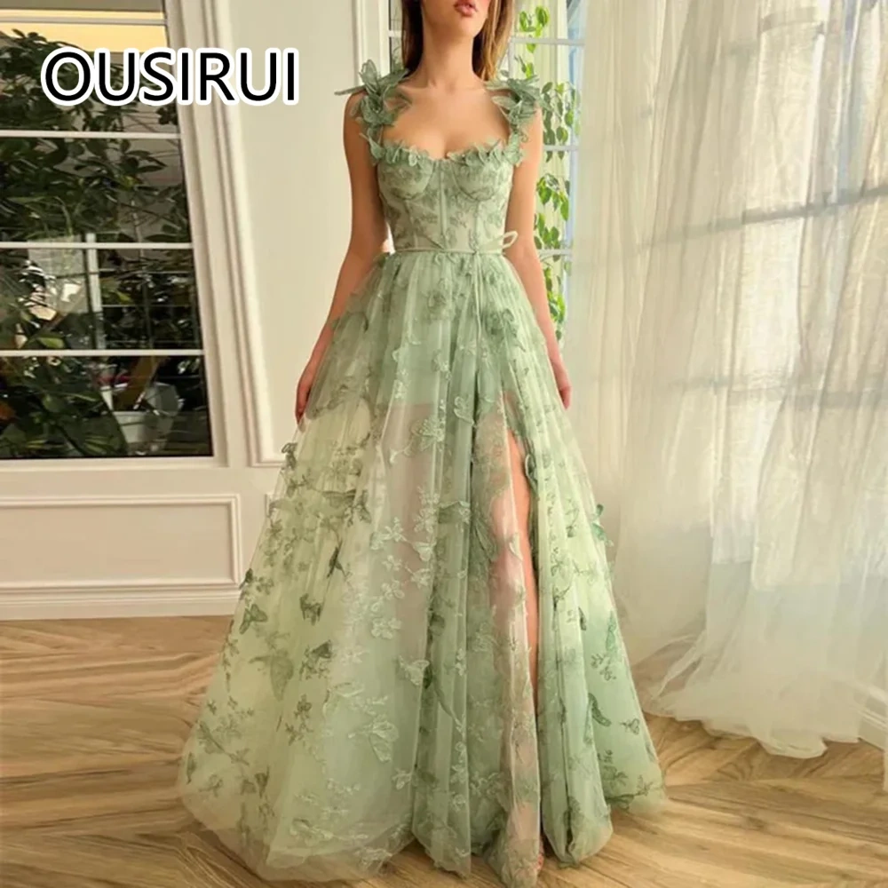 Spaghetti Straps Tulle 3D Butterfly Prom Party Dress A-line Backless and Zipper Side Slit Holiday Prom Gown for Girls