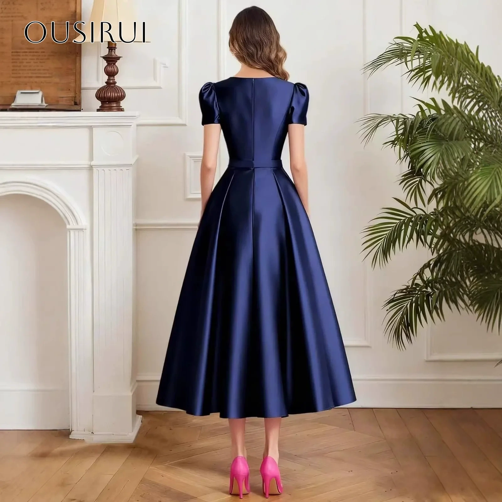 Satin Short Sleeves A-line Homecoming Gown Tea Length Ruched Customized платье на выпуск