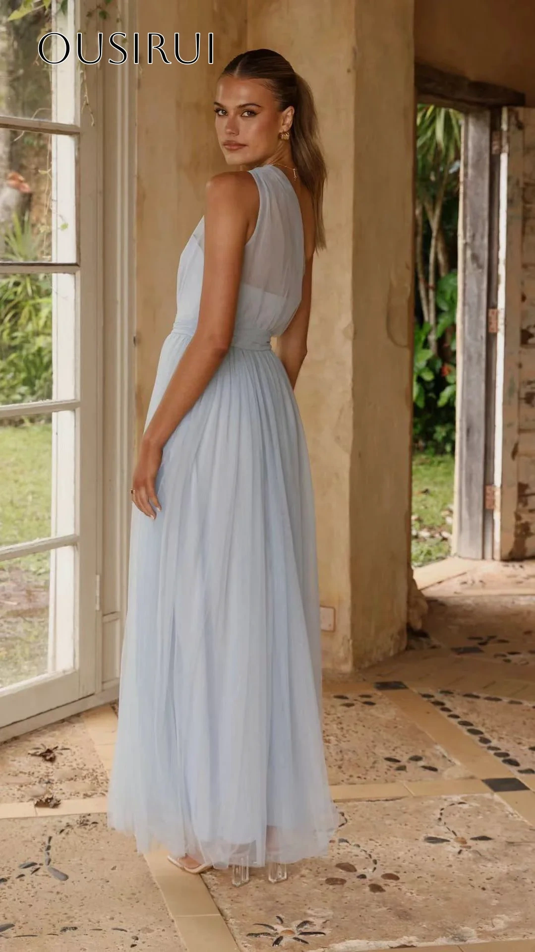 One Shoulder A-line Evening Gown Tulle Ankle Length Sleeveless Pleated Customized вечерние платья