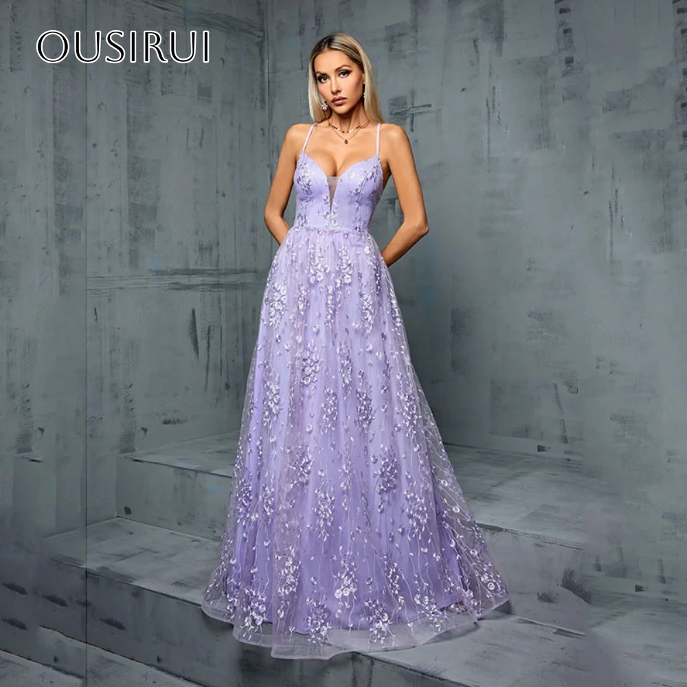 Spaghetti Straps Appliques A-line Evening Gown Criss-cross Floor Length Customized вечерние платья