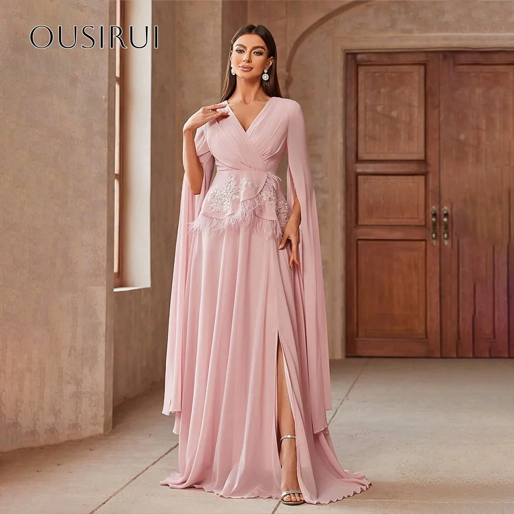 V-neck A-line Appliques Feather Evening Gowns Chiffon Long Sleeves Customized вечерние платья Robes De Soirée