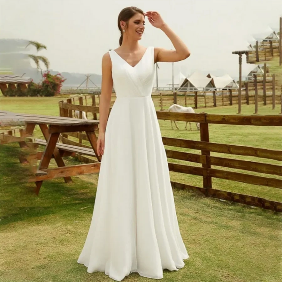 A Line Bride Dress Lace Backless Bridal Summer Chiffon Wedding Dress Simple Gown Tank Sleeves Sweep Train Vestidos De Novia