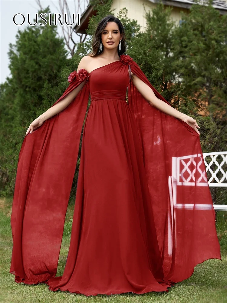 One Shoulder Chiffon Flowers A-line Long Prom Dresses Floor Length Pleated Customized платье на вып