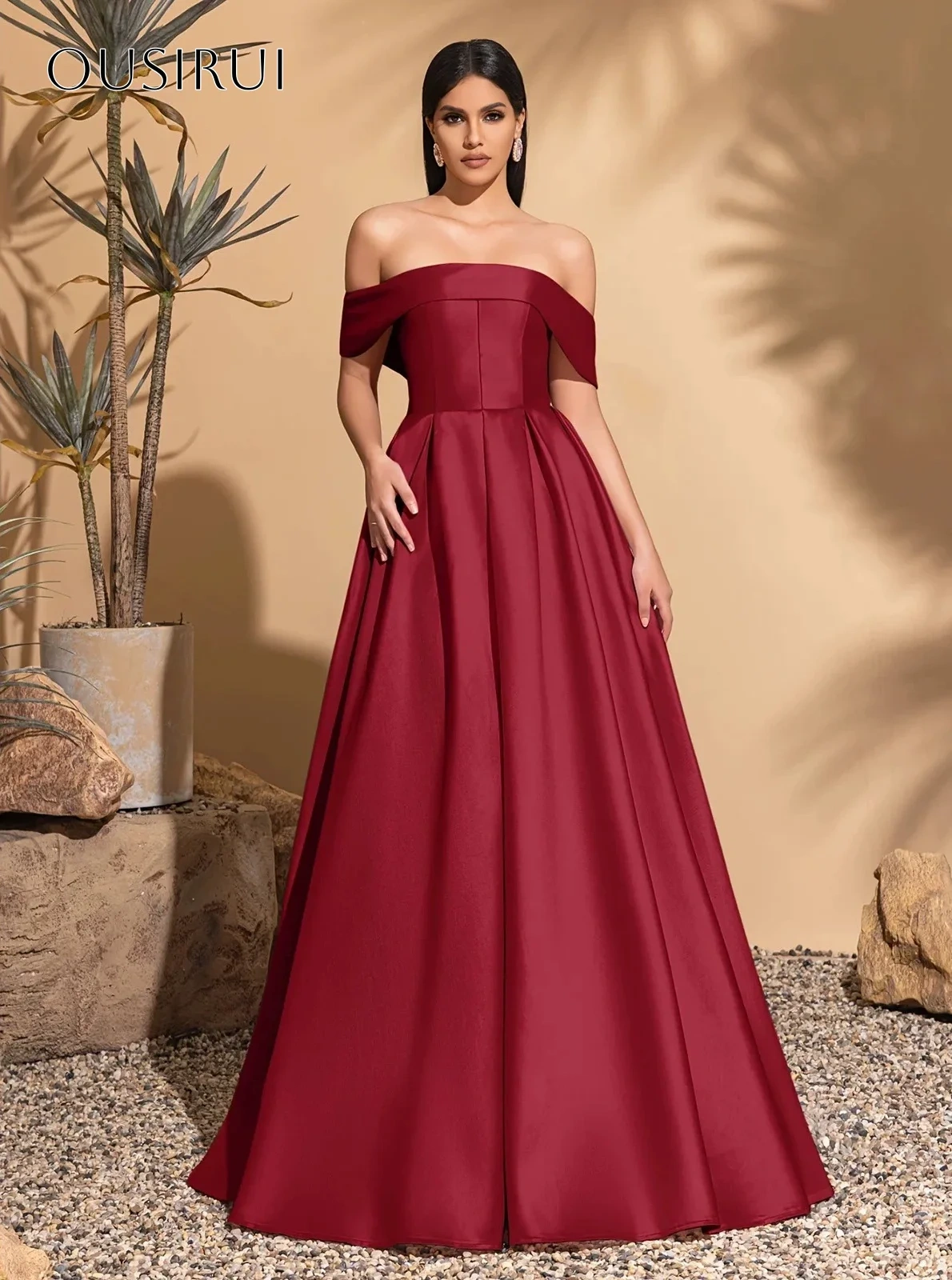 Off Shoulder A-line Satin Evening Dress Sleeveless Pleated Corset Floor Length Customized فساتين حفلة موسيقية