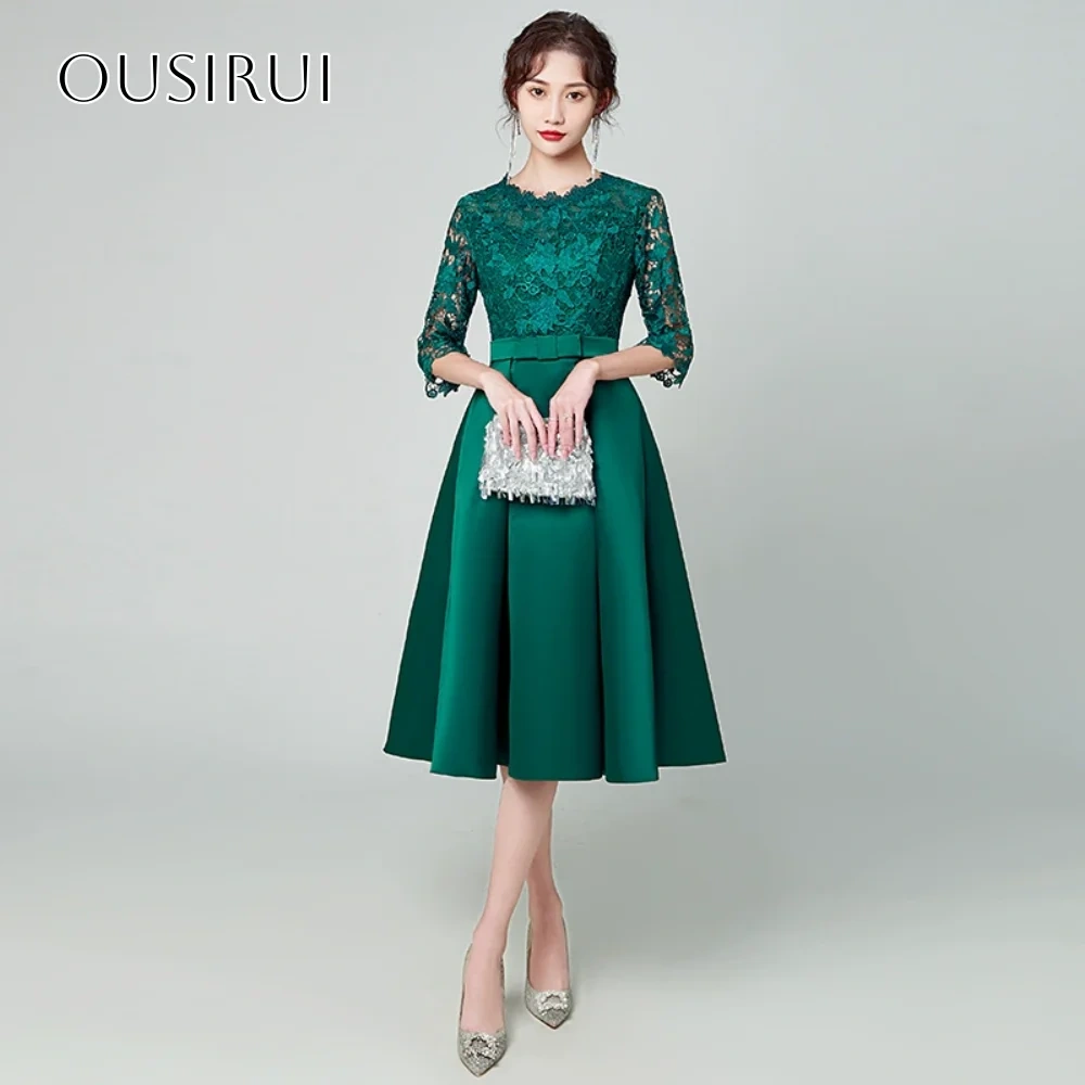 A-line Lace Cocktail Dresses Half Sleeve Bow Satin Tea Length Pleated Customized vestido corto elegante