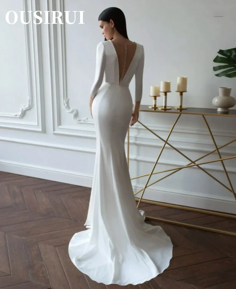 Mermaid Bridal Gowns Sweep Train For Women  New Deep V-Neck Satin Wedding Dress Simple 3/4 Sleeve Backless Brides Gowns