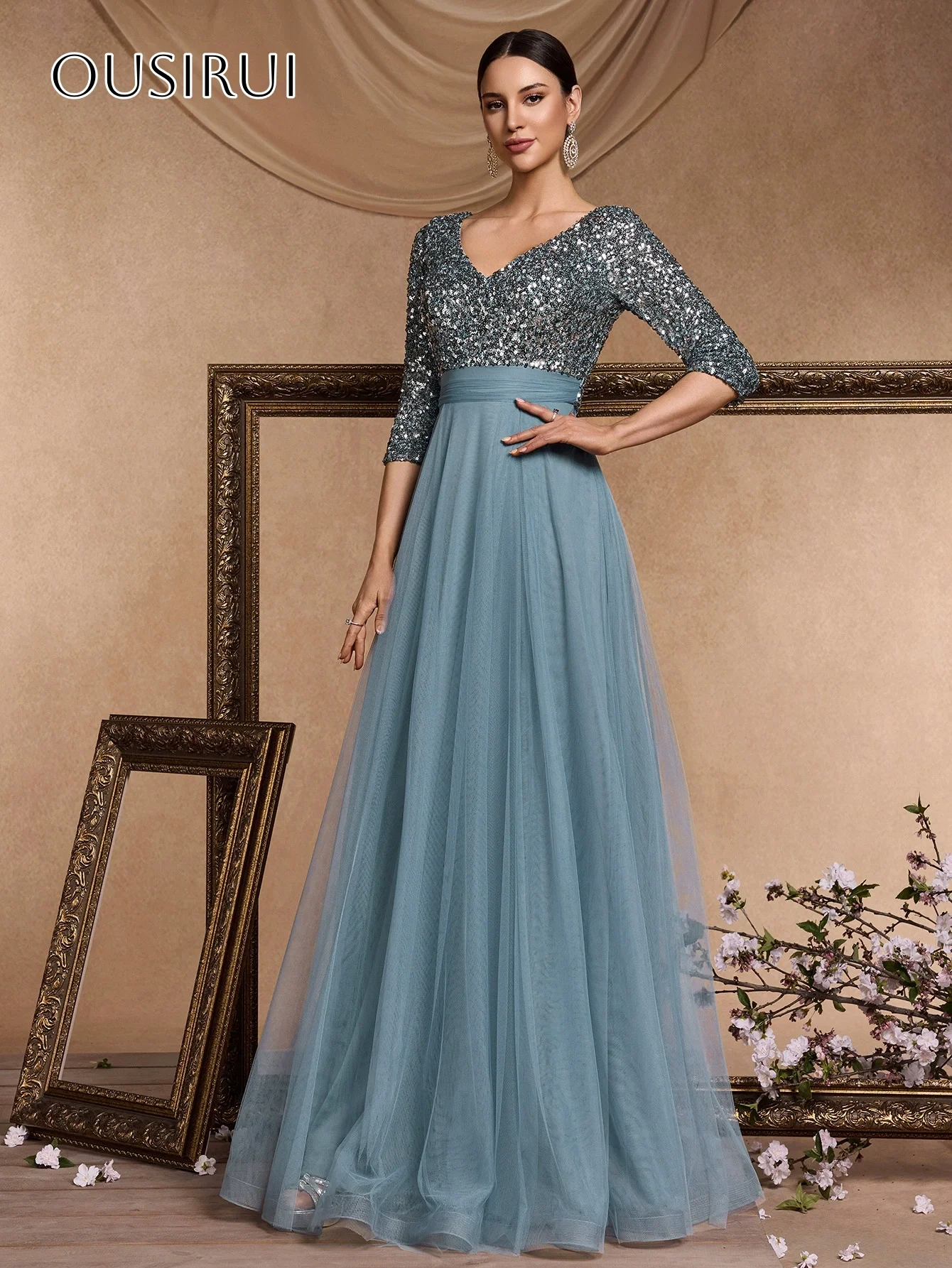 Sequined V-neck A-line Evening Dresses Half Sleeves Tulle Floor Length Customized платье на выпускной