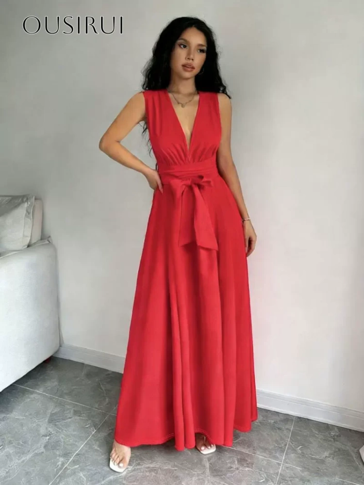 Chiffon V-neck A Line Evening Gown Sleeveless Criss-cross Sash Ankle Length Prom Dresses Customized vestidos de fiesta