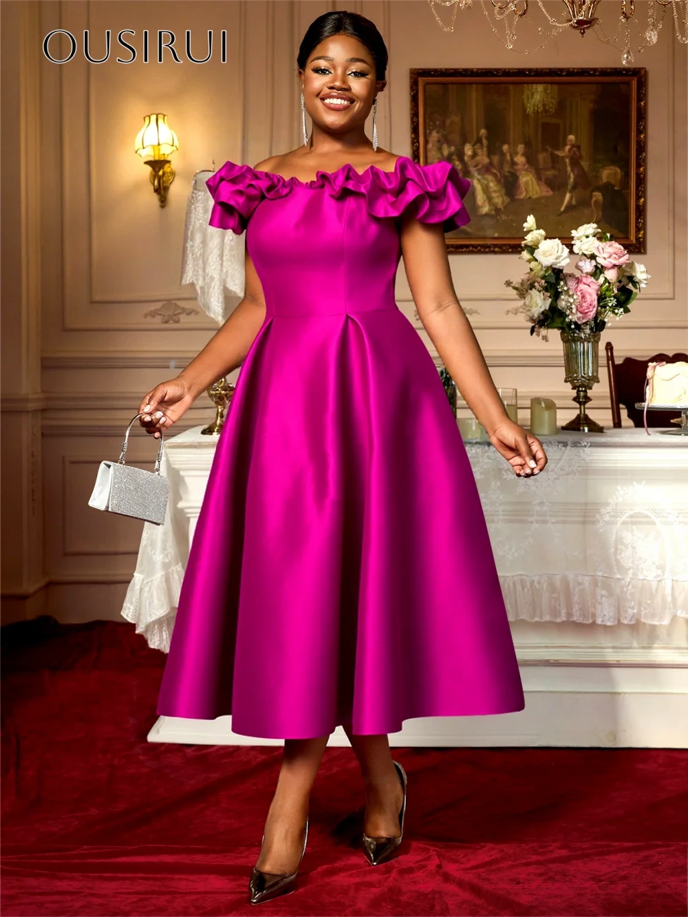 Ruffled Off Shoulder Satin Homecoming Dress Tea Length A-line Sleeveless Customized سيرين هيل فساتين سهره