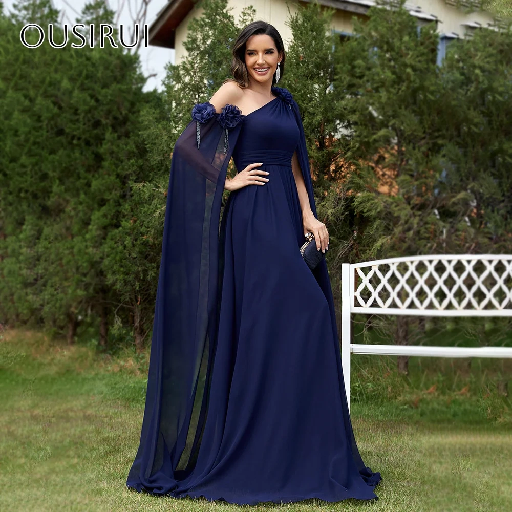 One Shoulder Chiffon Flowers A-line Long Prom Dresses Floor Length Pleated Customized платье на вып