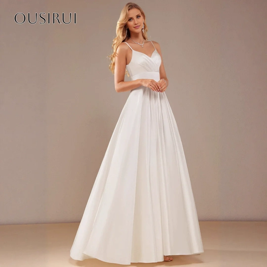 Spaghetti Straps Wedding Dresses Pockets A-line Satin Ankle Length Buttons Bridal Dress Vestido De Novia Customized