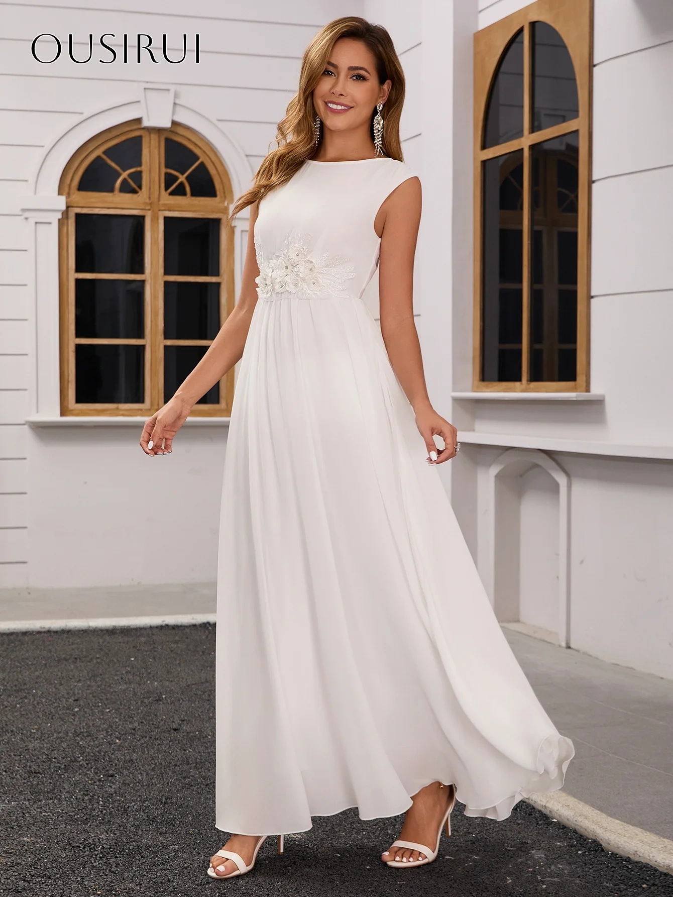 Flowers Bridal Wedding Dresses A Line Sleeveless Chiffon Ankle Length Pleated Customized Vestidos De Novia