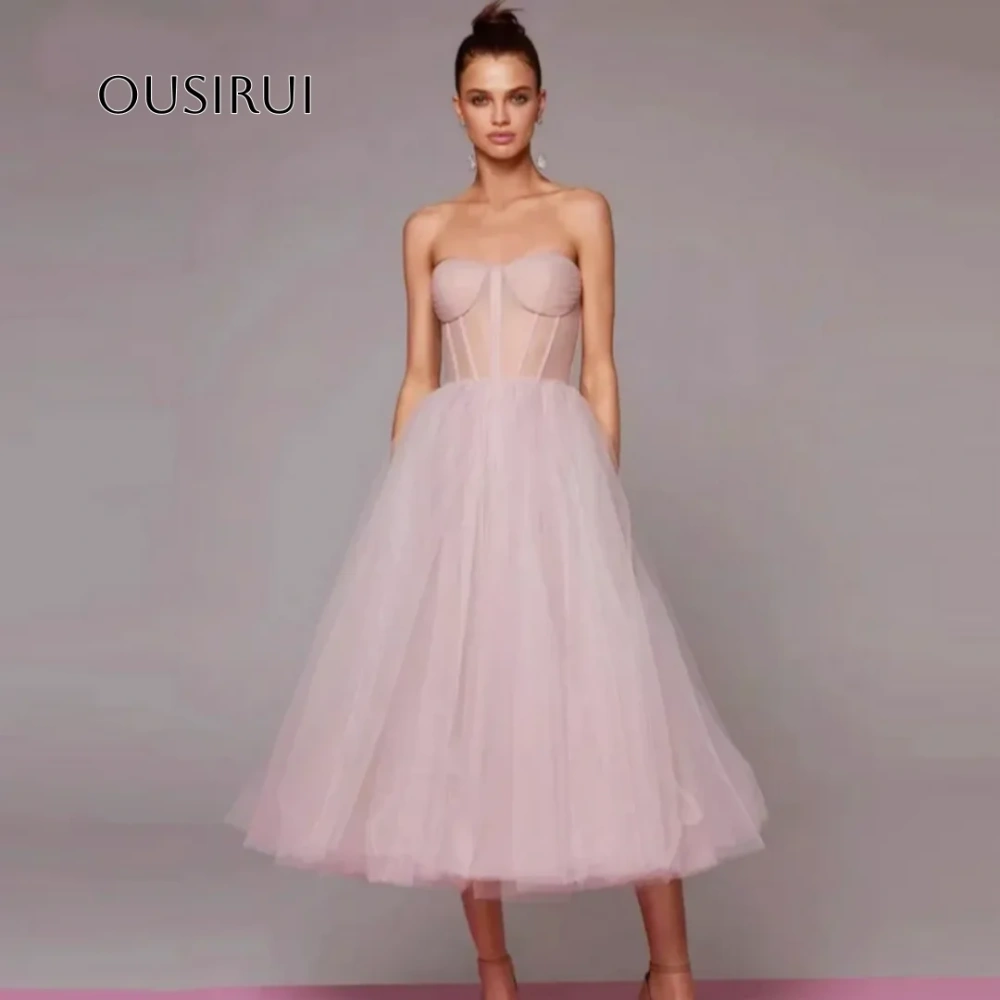 Sweetheart Sheer Boning Tea length Formal Party Gowns Green Dusty Pink Lavender Navy Blue A Line Tulle Short Prom Dresses