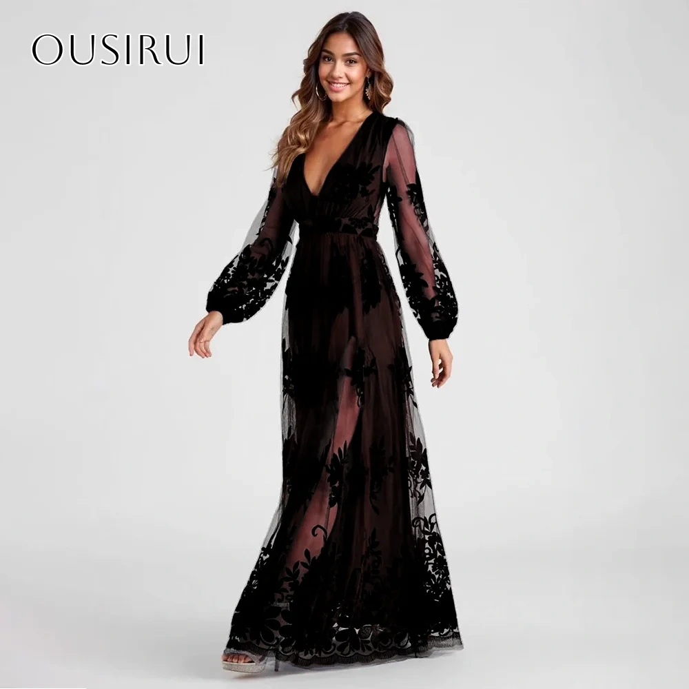 Appliques A-line V-neck Evening Dresses Long Sleeves Tulle Floor Length Pleated Customized Party Gowns  فساتين السه