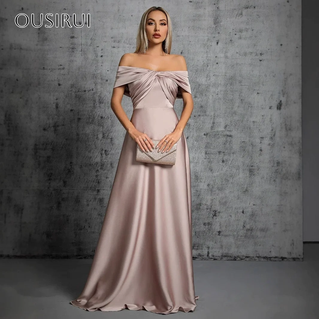 Off Shoulder A-line Satin Prom Dresses Pleated Floor Length Zipper Back Customized فساتين سهرة